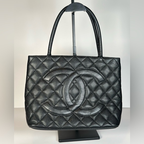 CHANEL Handbags - Authentic CHANEL Black Quilted Caviar Leather CC Medallion Tote